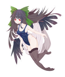 Rule 34 | 1girl, absurdres, bird wings, black thighhighs, black wings, blue one-piece swimsuit, blush, bow, breasts, brown hair, cape, cleavage, closed mouth, commentary request, competition swimsuit, covered navel, expressionless, full body, green bow, hair bow, highres, long hair, looking at viewer, medium breasts, no shoes, one-piece swimsuit, red eyes, reiuji utsuho, shiny skin, simple background, solar flare (bkjglt), solo, swimsuit, thighhighs, touhou, white background, white cape, wings