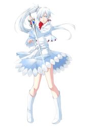 Rule 34 | 1girl, blue eyes, dress, full body, high ponytail, highres, holding, holding sword, holding weapon, long hair, mzroas, rwby, scar, scar across eye, scar on face, short dress, side ponytail, silver hair, simple background, solo, standing, sword, very long hair, weapon, weiss schnee, white background, white dress, white footwear