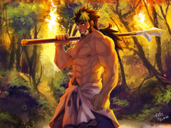 Rule 34 | 1boy, abs, bara, facial hair, forest, long hair, male focus, multicolored hair, muscular, nature, okami (id=1307059), outdoors, piercing, topless male, smile, solo, weapon