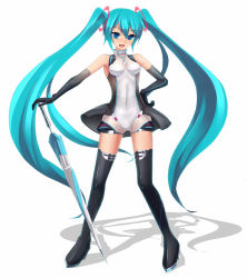 Rule 34 | 1girl, aqua eyes, aqua hair, boots, closed umbrella, elbow gloves, eto, full body, gloves, hand on own hip, hatsune miku, highres, hip focus, long hair, open mouth, planted, planted umbrella, race queen, racing miku, simple background, solo, thigh boots, thighhighs, twintails, umbrella, very long hair, vocaloid, white background