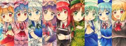 Rule 34 | 6+girls, adapted costume, blonde hair, blue hair, cirno, commentary request, crescent, crescent hat ornament, daiyousei, embodiment of scarlet devil, flandre scarlet, green hair, grey hair, hat, hat ornament, highres, hong meiling, izayoi sakuya, koakuma, maa (forsythia1729), marker (medium), mob cap, multiple girls, patchouli knowledge, pink headwear, purple hair, red eyes, red hair, red vest, remilia scarlet, rumia, star (symbol), star hat ornament, touhou, traditional media, vest, white headwear