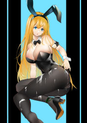Rule 34 | 1girl, absurdres, animal ears, azur lane, bare shoulders, black footwear, black leotard, blonde hair, blue background, blue eyes, bow, bowtie, breasts, cleavage, covered navel, cum, cum on body, cum on breasts, cum on upper body, detached collar, fake animal ears, high heels, highleg, highleg leotard, highres, large breasts, leotard, long hair, looking at viewer, mcic0, north carolina (azur lane), pantyhose, playboy bunny, rabbit ears, simple background, solo, strapless, strapless leotard, wing collar, wrist cuffs