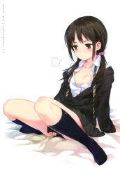 Rule 34 | 1girl, absurdres, amagai tarou, arm support, bed sheet, between legs, black hair, black jacket, black panties, black skirt, black socks, blazer, blush, breasts, brown eyes, brown hair, cardigan, cleavage, closed mouth, collarbone, collared shirt, dress shirt, frown, full body, hair ornament, hair scrunchie, hand between legs, highres, jacket, kneehighs, long hair, long sleeves, low twintails, medium breasts, necktie, no shoes, non-web source, open clothes, open jacket, open shirt, original, panties, partially unbuttoned, pink scrunchie, pleated skirt, polka dot, pout, school uniform, scrunchie, shirt, simple background, sitting, skirt, sleeves past wrists, small breasts, socks, solo, striped necktie, sweat, twintails, unbuttoned, unbuttoned shirt, underwear, undone necktie, v-shaped eyebrows, white background, white shirt