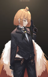 Rule 34 | 1girl, :o, absurdres, belt, black background, black bow, black jacket, black pants, blonde hair, bow, clothes pull, dress shirt, earrings, formal, glasses, gradient background, green eyes, gun, hair ornament, handgun, highres, jacket, jewelry, knife, lace, lace panties, looking at viewer, maqi2222, millie parfait, nijisanji, nijisanji en, panties, pants, pants pull, pantyhose, pistol, shirt, skirt, solo, suit, sweater, thigh strap, underwear, virtual youtuber, weapon, white panties, white shirt, yellow background