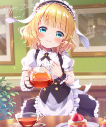 Rule 34 | 1girl, blonde hair, blouse, blue eyes, blunt bangs, blush, cake, center frills, character name, commentary request, cup, fleur de lapin uniform, food, frilled hairband, frilled shirt, frills, fruit, gochuumon wa usagi desu ka?, hairband, hand on own chest, happy birthday, head tilt, highres, holding, holding teapot, indoors, kirima syaro, looking at viewer, mozukun43, plate, puffy short sleeves, puffy sleeves, shirt, short hair, short sleeves, smile, solo, strawberry, strawberry shortcake, teacup, teapot, twitter username, waitress, white shirt, wrist cuffs