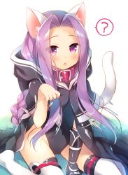 Rule 34 | 1girl, ?, animal ears, animal hood, blush, braid, cape, cat ears, cat tail, chestnut mouth, collar, commentary request, fate/grand order, fate (series), hood, kemonomimi mode, leotard, long hair, looking at viewer, medusa (fate), medusa (lancer) (fate), medusa (rider) (fate), paw pose, purple eyes, purple hair, rider, sazaki ichiri, simple background, solo, spoken question mark, tail, thighhighs, thighs, very long hair
