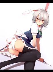 Rule 34 | 1girl, angry, animal ears, ass, bad id, bad pixiv id, black thighhighs, blush, clenched teeth, embodiment of scarlet devil, female focus, glaring, izayoi sakuya, kemonomimi mode, knife, letterboxed, maid, on floor, panties, rabbit ears, rabbit tail, red eyes, silver hair, simple background, sitting, solo, tail, tears, teeth, thighhighs, throwing knife, touhou, tsuchifumazu, underwear, weapon, white panties
