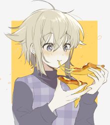 1girl ahoge blonde_hair blush cheese cheese_trail closed_mouth commentary_request eating food hair_flaps holding holding_food holding_pizza hrdrifter long_sleeves pizza pizza_slice purple_eyes purple_sweater short_hair solo sweater unusually_open_eyes upper_body urotsuki yellow_background yume_2kki