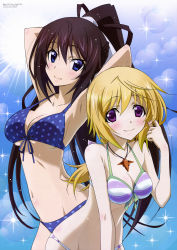 Rule 34 | 10s, 2girls, absurdres, amulet, armpits, arms up, bare shoulders, bikini, blonde hair, blue background, blue bikini, blue eyes, breasts, charlotte dunois, cleavage, front-tie bikini top, front-tie top, gradient background, twirling hair, highres, infinite stratos, jewelry, large breasts, leaning forward, long hair, medium breasts, multiple girls, navel, necklace, official art, polka dot, polka dot bikini, polka dot swimsuit, purple bikini, purple eyes, shinonono houki, smile, sparkle, stomach, strap gap, swimsuit, very long hair, white bikini