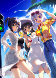 Rule 34 | 3girls, bare shoulders, black hair, black shorts, blue eyes, blue hair, blue pants, blue sky, blush, bracelet, breasts, cleavage, commentary, contrail, crop top, day, dress, eyewear on head, food, front-tie top, hand on another&#039;s shoulder, hat, high-waist pants, highres, higuchi kaede, holding, holding food, hoppege, ice cream, jacket, jewelry, lamppost, large breasts, licking, long hair, looking at viewer, mole, mole under eye, multiple girls, navel, nijisanji, outdoors, palm tree, pants, see-through, shizuka rin, short hair, short ponytail, shorts, silver hair, sky, sleeveless, smile, soft serve, sun hat, sunglasses, thighs, tongue, tongue out, traffic light, tree, tsukino mito, vacation, very long hair, virtual youtuber, white dress, white headwear, white jacket, yellow eyes