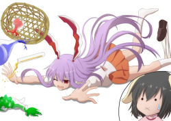 Rule 34 | 2girls, :x, animal ears, basket, brown footwear, commentary request, erlenmeyer flask, flask, floppy ears, foot out of frame, glue, hair between eyes, inaba tewi, loafers, long hair, multiple girls, one eye closed, open mouth, orange skirt, pleated skirt, purple hair, rabbit ears, rabbit girl, red eyes, reisen udongein inaba, round-bottom flask, shirt, shoes, short hair, simple background, skirt, socks, solid circle eyes, spill, sugiyama ichirou, touhou, tripping, very long hair, vial, white background, white shirt, white socks