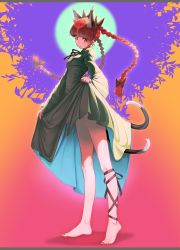 Rule 34 | 1girl, animal ears, barefoot, bow, braid, cat ears, cat tail, clothes lift, dress, dress lift, extra ears, frogsnake, highres, kaenbyou rin, leg ribbon, long sleeves, multiple tails, nekomata, red eyes, red hair, ribbon, solo, tail, touhou, twin braids, two tails