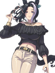 Rule 34 | 1girl, animal ears, bare shoulders, belt, black belt, black hair, black shirt, bracelet, breasts, closed mouth, commentary request, cowboy shot, frilled shirt, frills, hair bun, highres, horse ears, horse girl, horse tail, jewelry, large breasts, looking at viewer, mejiro ramonu (umamusume), midriff, multicolored hair, navel, necklace, official alternate costume, purple eyes, shirt, short hair, simple background, solo, streaked hair, sunglasses, tail, tokiatm, umamusume, white background, white hair