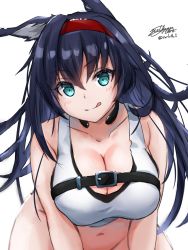 Rule 34 | 1girl, :q, animal ears, aqua eyes, arknights, artist name, bare arms, bare shoulders, belt, belt bra, black hair, blaze (arknights), blush, bottomless, breasts, cat ears, commentary request, groin, hair between eyes, hairband, highres, large breasts, long hair, looking at viewer, navel, out-of-frame censoring, partial commentary, red hairband, signature, simple background, smile, solo, stomach, tank top, tongue, tongue out, twitter username, upper body, white background, white tank top, yukinoshiro