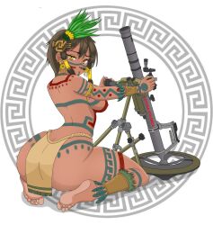 Rule 34 | arrow (symbol), aztec, bare hips, bare shoulders, barefoot, bodypaint, covered erect nipples, dark skin, ear piercing, earrings, facepaint, gold earrings, hair ornament, highres, jewelry, meandros, mortar (weapon), mx waifus, no bra, pelvic curtain, piercing, soles, wide hips, yellow eyes