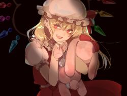 Rule 34 | 1girl, beige headwear, beige shirt, black background, blonde hair, blush, bow, bright pupils, collared shirt, commentary request, crystal, damaged, dark, eyelashes, fang, flandre scarlet, frilled hat, frilled shirt collar, frilled sleeves, frills, hand up, hat, hat bow, hat ribbon, highres, holding, holding stuffed toy, kerok (joniko1110), long hair, mob cap, nail polish, one side up, open mouth, pointy ears, puffy short sleeves, puffy sleeves, red bow, red eyes, red nails, red ribbon, red skirt, red vest, ribbon, shirt, short sleeves, sidelocks, simple background, skirt, skirt set, solo, stuffed animal, stuffed rabbit, stuffed toy, stuffing, thread, touhou, vest, white hat, white pupils, white shirt, wings