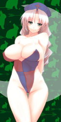 Rule 34 | 1girl, adapted costume, bad id, bad pixiv id, braid, breasts, casual one-piece swimsuit, female focus, green eyes, hat, highleg, highleg swimsuit, huge breasts, large breasts, long hair, one-piece swimsuit, solo, swimsuit, touhou, tro, white hair, yagokoro eirin