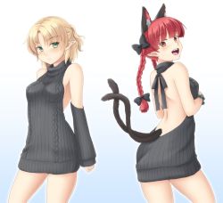Rule 34 | &gt;:(, 2girls, alternate costume, animal ears, armpit peek, backless dress, backless outfit, bare arms, bare back, bare shoulders, black bow, blonde hair, blunt bangs, blush, bow, braid, breasts, cat ears, cat tail, closed mouth, cowboy shot, detached sleeves, dress, extra ears, frown, green eyes, hair bow, halterneck, isaki (gomi), kaenbyou rin, looking at viewer, medium breasts, meme attire, mizuhashi parsee, multiple girls, multiple tails, pointy ears, ponytail, red eyes, red hair, ribbed sweater, sideboob, sweater, sweater dress, tail, touhou, turtleneck, turtleneck sweater, twin braids, two tails, v-shaped eyebrows, virgin killer sweater