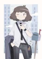 Rule 34 | 1girl, animal charm, black pants, blue eyes, brown hair, ccg, clock hands, hand in pocket, highres, mailbox (incoming mail), necktie, newspaper, original, pants, shirt, simple background, smile, white background, white shirt