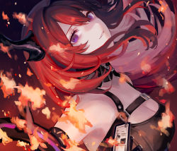 Rule 34 | 1girl, arknights, bare shoulders, black dress, breasts, commentary request, dress, grin, hair intakes, highres, horns, long hair, looking at viewer, medium breasts, nomuraumu, parted lips, partial commentary, purple eyes, red hair, red theme, sleeveless, sleeveless dress, smile, solo, surtr (arknights), upper body