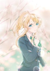 Rule 34 | 1girl, ayase eli, blazer, blonde hair, blue eyes, blue jacket, bow, bowtie, commentary request, green bow, green bowtie, hand up, highres, jacket, long hair, long sleeves, looking at viewer, love live!, love live! school idol project, otonokizaka school uniform, petals, ponytail, school uniform, scrunchie, smile, solo, suito, tearing up, upper body, white scrunchie