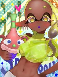 Rule 34 | + +, 1girl, asymmetrical hair, bare shoulders, blonde hair, blue hair, blush, breasts, character name, colored eyelashes, copyright name, dark-skinned female, dark skin, earrings, english text, female focus, forehead, frye (splatoon), gradient hair, groin, hair tie, half-closed eyes, hand on own hip, heart, highres, holding, holding jar, inkling, inkling player character, japanese text, jar, jewelry, long hair, looking at viewer, medium breasts, multicolored hair, multiple earrings, navel, nintendo, nu (ura mya pain), object on head, open mouth, pointy ears, see-through, shawl, shirt, sleeveless, sleeveless shirt, solo, sparkle, splatoon (series), splatoon 3, standing, stomach, teeth, tentacle hair, tentacles, translated, two-tone hair, upper body, yellow eyes, yellow shawl, yellow shirt