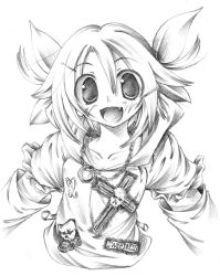 Rule 34 | 1girl, bad id, bad pixiv id, chain, fang, female focus, graphite (medium), greyscale, hair ornament, hairclip, highres, jewelry, kagamine rin, monochrome, ring, safety pin, solo, traditional media, vocaloid, white background, yamada yuuki