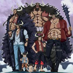 Rule 34 | 1boy, abs, age difference, age progression, aged down, aged up, baby, beard, black hair, bracelet, cape, child, dark-skinned male, dark skin, facial hair, giant, highres, horns, jewelry, kaidou (one piece), laughing, long hair, looking at viewer, looking to the side, male focus, multiple persona, muscular, muscular arms, muscular male, mustache, official alternate costume, one piece, oni, pectorals, scar, serious, short hair, smile, solo, spiked bracelet, spikes, tan, tattoo