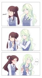Rule 34 | 2girls, absurdres, blush, brown hair, comic, couple, diana cavendish, embarrassed, english text, closed eyes, highres, kagari atsuko, little witch academia, looking at another, multicolored hair, multiple girls, simple background, teasing, white background, yuri