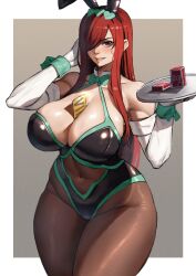 Rule 34 | 1girl, alternate costume, animal ears, bare shoulders, between breasts, black hairband, black leotard, black pantyhose, blush, border, bow, bowtie, breasts, brown eyes, cleavage, collarbone, commentary, cowboy shot, detached collar, elbow gloves, english commentary, erza scarlet, ethan69 (anhuzart), fairy tail, fake animal ears, gloves, green bow, green bowtie, hair ornament, hair over one eye, hairband, highres, holding, large breasts, leotard, long hair, looking at viewer, one eye covered, pantyhose, playboy bunny, rabbit ears, red hair, smile, solo, white border, white gloves