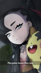 Rule 34 | 1girl, 3d, aqua eyes, asymmetrical bangs, black choker, black hair, black jacket, child, choker, collarbone, creatures (company), dress, ear piercing, english text, evening, expressionless, fake screenshot, female focus, flat chest, game freak, gen 8 pokemon, greatm8, highres, holding, holding pokemon, jacket, leather, leather jacket, long hair, long sleeves, looking at another, marnie (pokemon), morpeko, nature, neck, nintendo, open clothes, open jacket, open mouth, outdoors, pendant choker, piercing, pink dress, pokemon, pokemon (creature), pokemon swsh, punk, rain, sidelocks, size difference, sky, standing, twintails, undercut