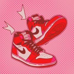 Rule 34 | air jordan, air jordan 1, artist name, commentary, daekio, dotted background, floating, floating object, nike (company), no humans, original, pink background, shoes, sneakers, symbol-only commentary