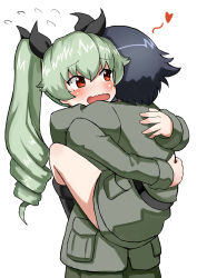 Rule 34 | 10s, 2girls, absurdres, anchovy (girls und panzer), black hair, blush, brown eyes, carrying, drill hair, flying sweatdrops, girls und panzer, green hair, highres, hug, long hair, multiple girls, okitsugu, pepperoni (girls und panzer), revision, short hair, simple background, twin drills, twintails, wavy mouth, white background
