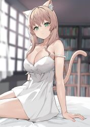 Rule 34 | 1girl, :3, absurdres, animal ears, blurry, book, bookshelf, breasts, cat ears, cat girl, cat tail, depth of field, dress, highres, large breasts, light brown hair, long hair, looking at viewer, original, ryou (ponpgo), sitting, sleeveless, sleeveless dress, smile, strap slip, tail, white dress