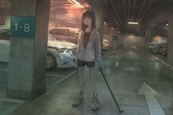 Rule 34 | 1girl, arrow (symbol), black shorts, brown eyes, brown hair, car, closed mouth, commentary, full body, head tilt, highres, holding, holding weapon, hood, hood down, hooded jacket, indoors, jacket, lead pipe, long hair, long sleeves, motor vehicle, original, parking garage, parking lot, perspective, shoes, shorts, sneakers, solo, standing, tokunaga akimasa, vanishing point, weapon, white jacket