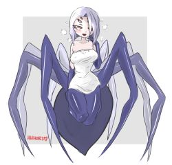 Rule 34 | 1girl, arachne, arthropod girl, bare shoulders, blush, commentary, english commentary, extra eyes, full body, heart, hhhori, insect girl, looking at viewer, monster girl, monster musume no iru nichijou, naked towel, purple background, rachnera arachnera, seductive smile, signature, simple background, smile, solo, spider girl, standing, taur, towel, white towel