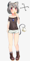 Rule 34 | 1girl, alternate costume, animal ears, ankle boots, bare legs, bare shoulders, basket, blue gemstone, blush, boots, brown footwear, brown shirt, casual, cheese, collarbone, eating, food, frilled sleeves, frills, gem, grey background, grey hair, grey socks, hand in pocket, highres, holding, holding food, holding with tail, jewelry, kyuu-fairy000, mouse ears, mouse tail, nazrin, necklace, off-shoulder shirt, off shoulder, open mouth, pigeon-toed, pocket, prehensile tail, puffy short sleeves, puffy sleeves, red eyes, shirt, short hair, short shorts, short sleeves, shorts, simple background, socks, solo, standing, tail, touhou, white shorts, wrapper