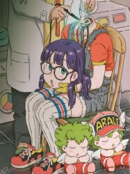 Rule 34 | android, blue eyes, chair, character doll, character name, dr. slump, glasses, gloves, green hair, hat, highres, indoors, lab coat, machinery, monodevil, norimaki arale, norimaki gajira, red footwear, shoes, sitting, sneakers, soldering iron, standing, thighhighs, white thighhighs, wire, yellow gloves