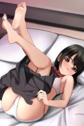 Rule 34 | 1girl, absurdres, bare arms, bare shoulders, barefoot, bed, black hair, black skirt, blush, bra, brown eyes, closed mouth, clothes pull, highres, legs up, long hair, looking at viewer, lying, matsunaga kouyou, nose blush, on back, on bed, open clothes, open skirt, original, panties, pillow, pleated skirt, skirt, skirt pull, soles, solo, underwear, undressing, white bra, white panties