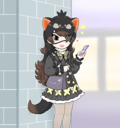 Rule 34 | 1girl, australian devil (kemono friends), black dress, black hair, blush, bow, bowtie, brown eyes, brown hair, butterfly ornament, cellphone, collar, cowboy shot, dress, extra ears, eyepatch, fang, frilled collar, frilled dress, frilled sleeves, frills, heart, highres, kemono friends, long hair, long sleeves, official alternate costume, open mouth, phone, pleated dress, puffy sleeves, sheer pantyhose, sleeve cuffs, smartphone, smile, solo, star (symbol), tasmanian devil ears, tasmanian devil tail, tobinosuke12, yellow bow, yellow bowtie
