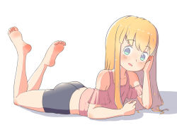 Rule 34 | 1girl, absurdres, ass, bare shoulders, barefoot, bike shorts, blonde hair, blue eyes, blush, feet, female focus, full body, highres, leims (urje8584), long hair, looking at viewer, lying, on stomach, open mouth, original, shorts, simple background, soles, solo, toes