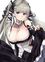 Rule 34 | 1girl, azur lane, black dress, black nails, breasts, cleavage, dress, earrings, formidable (azur lane), frilled dress, frills, grey hair, highres, holding, holding clothes, holding dress, holding skirt, jewelry, large breasts, long hair, nail polish, red eyes, ribbon, simple background, skirt, skirt hold, solo, twintails, two-tone dress, two-tone ribbon, white background