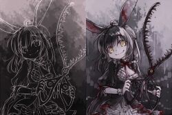 Rule 34 | 1girl, animal ears, black hair, blood, braid, breasts, cleavage, cleavage cutout, closed mouth, clothing cutout, cowboy shot, dress, french braid, frilled dress, frills, grey background, head tilt, holding, holding scissors, looking at viewer, medium breasts, medium hair, neck ribbon, original, oversized object, pale skin, puffy sleeves, rabbit ears, rakuni, red ribbon, ribbon, scissors, smile, solo, split mouth, stitched neck, stitches, wrist cuffs, yellow eyes