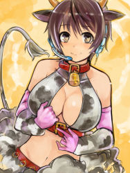 Rule 34 | 10s, 1girl, animal ears, animal print, bell, breasts, brown eyes, brown hair, collar, cow ears, cow horns, cow print, cow tail, cowbell, elbow gloves, gloves, heart, heart-shaped pupils, horns, idolmaster, idolmaster cinderella girls, large breasts, neck bell, nerotarou, oikawa shizuku, smile, solo, symbol-shaped pupils, tail
