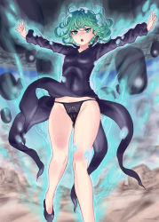Rule 34 | 1girl, :o, aura, bare legs, black dress, black panties, blue eyes, breasts, cameltoe, cleft of venus, curly hair, dress, flat chest, flying, green hair, highres, impossible clothes, impossible dress, long sleeves, okiyumi kase, one-punch man, panties, pantyshot, psychic, shoes, short hair, small breasts, solo, tatsumaki, underwear, upskirt, wind, wind lift