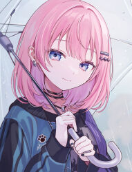 Rule 34 | 1girl, absurdres, alternate hair length, alternate hairstyle, black nails, black shirt, blue eyes, blunt bangs, bokutachi no seizon tousou (project sekai), choker, closed mouth, earrings, hair intakes, hair ornament, hairclip, highres, holding, holding umbrella, jacket, jewelry, light smile, long sleeves, looking at viewer, medium hair, megurine luka, multicolored clothes, multicolored jacket, outdoors, pink hair, project sekai, rain, shirt, solo, two-tone jacket, umbrella, upper body, vocaloid, vs0mr, water drop