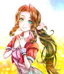 Rule 34 | 1girl, 39cva, aerith gainsborough, blush, bracelet, brown hair, buttons, cropped jacket, curly hair, dress, final fantasy, final fantasy vii, green eyes, hair ribbon, jacket, jewelry, long hair, necklace, pink dress, pink ribbon, puffy sleeves, red jacket, ribbon, sidelocks, smile, solo, square enix, yellow background
