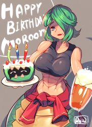 Rule 34 | 1girl, abs, bare shoulders, borrowed character, breasts, brown background, cake, candle, food, green hair, hair over one eye, happy birthday, highres, hip focus, lamia, large breasts, monster girl, muscular, muscular female, navel, purple eyes, ryuji (red-truth), signature, solo