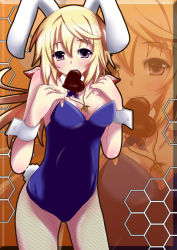 Rule 34 | 10s, 1girl, bare shoulders, blonde hair, charlotte dunois, fishnets, hair ribbon, heart, highres, infinite stratos, leotard, long hair, mouth hold, pantyhose, playboy bunny, r68(rokuha), rabbit tail, ribbon, solo, torn clothes, torn pantyhose, valentine, wrist cuffs