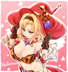 Rule 34 | 1girl, adjusting clothes, adjusting headwear, aqua eyes, bandeau, beatrix (granblue fantasy), beatrix (granblue fantasy) (cosplay), black gloves, blonde hair, blush, braid, breasts, closed mouth, cosplay, detached sleeves, eyebrows, gloves, granblue fantasy, hair intakes, hairband, halloween, halloween costume, hat, large breasts, long hair, long sleeves, navel, nokinhizadati, outline, red hat, solo, star (symbol), striped, twin braids, twintails, witch hat, zeta (granblue fantasy)